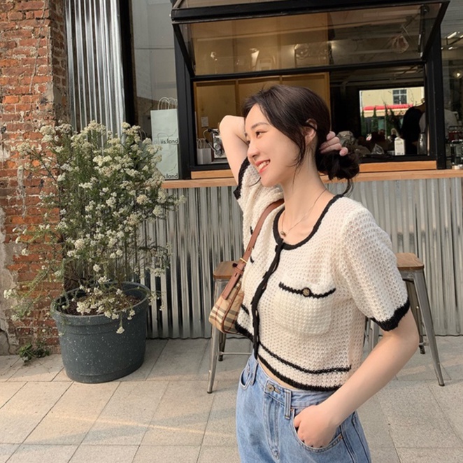 Áo croptop ZHELIHANGFEI dệt kim cổ tròn phối nút thời trang cho nữ