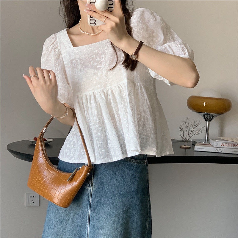 Áo Kiểu Tay Phồng Cổ Vuông Phối Ren Thời Trang Mùa Hè Xinh Xắn Cho Bé