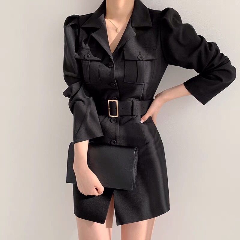 Đầm cổ vest sang trọng kèm đai, đầm vest tôn dáng