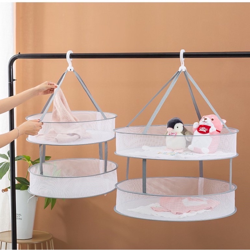 Giỏ Treo Phơi Đồ 2 Tầng Bằng Vải Lưới Có Thể Gấp Gọn, Phơi Đồ Lót, Vớ, Gấu Bông Chống Gió Bay Tiện Lợi