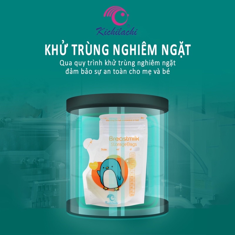 Túi trữ sữa Kichilachi dung tích 250ml có vòi rót tiện lợi, 2 khóa zip chắc chắn hình chim cánh cụt