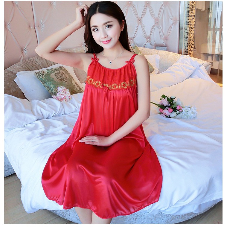 Váy ngủ , đầm mặc nhà phi lụa 2 dây nơ xinh kiêu kỳ quyến rũ free size dưới 75kg ( LỤA HAI DÂY NƠ)