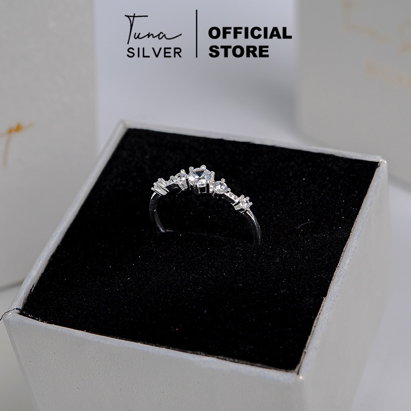 Nhẫn Bạc nữ đính đá cao cấp, Nhẫn bạc 5 đá lấp lánh TUNA SILVER 𝑪𝒂𝒎 𝒌𝒆̂́𝒕 𝒄𝒉𝒖𝒂̂̉𝒏 𝑩𝒂̣𝒄 TUNA SILVER Trang sức Bạc cao cấp