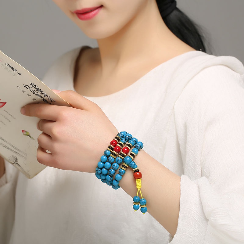 Vòng Tay Chuỗi 108 Hạt Đá Ngọc Lam Tự Nhiên Phong Cách Dân Tộc Tây Tạng Cho Nam Và Nữ