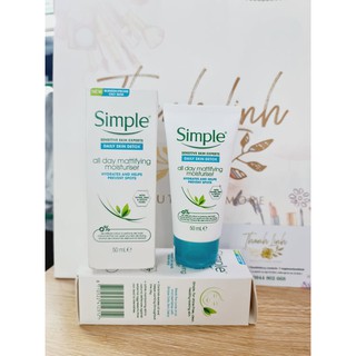 Kem dưỡng da dầu Simple Daily Skin Detox All Day Mattifying Moisturiser 50ml, dưỡng ẩm và kiềm dầu hiệu quả