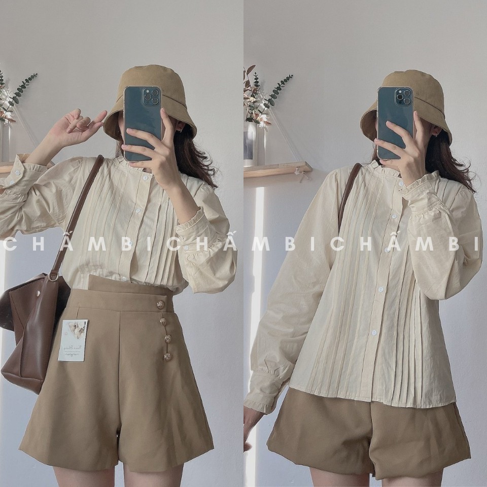 Áo Sơ Mi Cổ Xếp Ly Dọc Thân Tay Bo Cực Xinh Freesize&lt;52kg - A.138