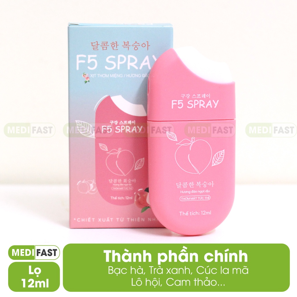 Xịt thơm miệng F5 Spray - Combo bộ đôi 2 vị Đào và Dâu - Lọ 12ml Vệ sinh răng miệng, làm sạch hơi thở, tự tin giao tiếp