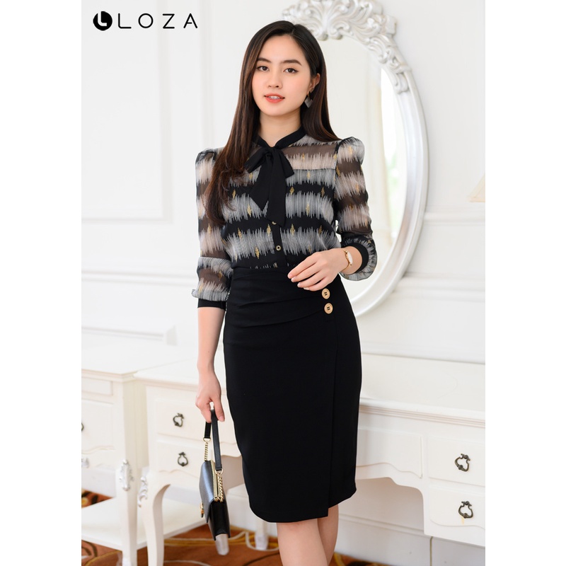 [Mã BMBAU50 giảm 50K đơn 150K] Áo sơ mi họa tiết LOZA cổ phối nơ - LS03102
