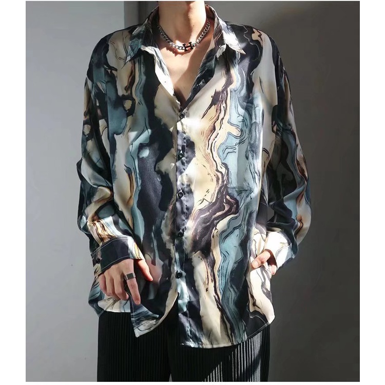 Áo sơ mi tay dài dáng rộng vải lụa satin in họa tiết hoa phong cách Hồng Kông cổ điển thời trang cho nam và nữ