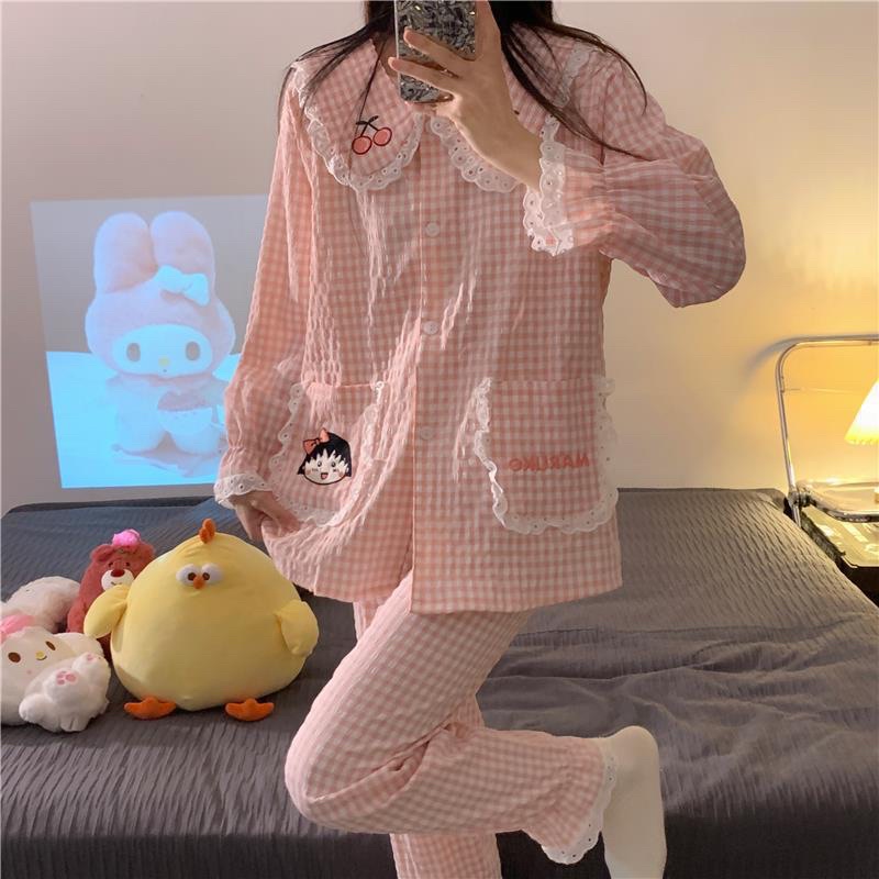 Bộ Pijama viền Ren Mặc Nhà Cherry Cho Bầu Và Sau Sinh Có Khoá Ngực
