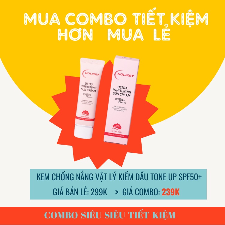 COMBO Dưỡng Trắng, Chăm Sóc Phục Hồi Da Vaseline Kết Hợp Kem Chống Nắng HOLIKEY Vật Lý Kiềm Dầu TONE UP SPF50+
