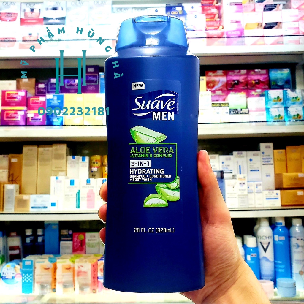 Dầu tắm, gội, xả Suave Men, chiết xuất nha đam Aloe Vera 3 In 1 Hydrating Shampoo, Conditioner And Body Wash 828ml