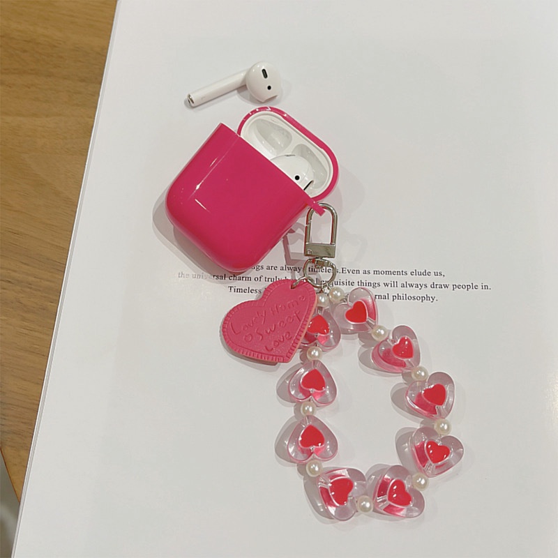Vỏ bảo vệ hộp sạc tai nghe Bluetooth Airpods 1/2/Pro/3 họa tiết trái tim màu đỏ hồng phối dây đeo dễ thương