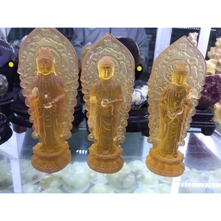 Bộ tượng Tam Thế Phật Tây Phương Tam Thánh đứng đá lưu ly vàng và trắng - Cao 17 cm