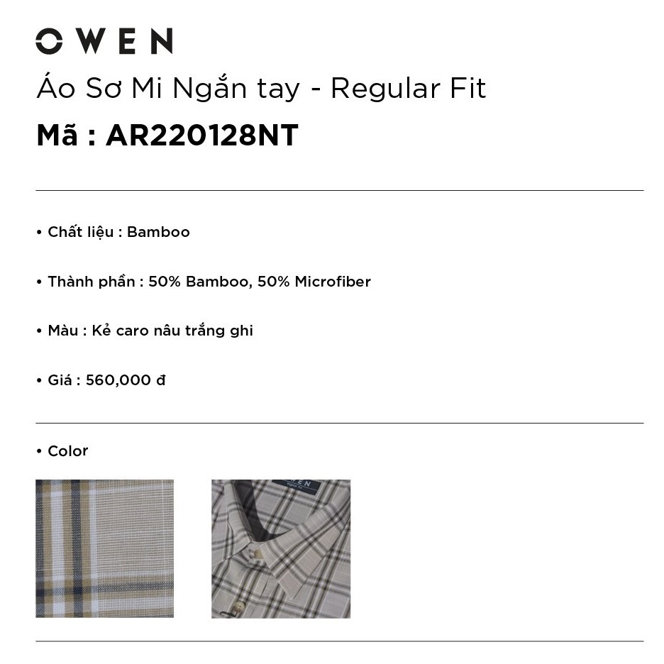 Áo Sơ Mi Nam Ngắn Tay OWEN AR220128NT Somi Công Sở Cao Cấp Màu Kẻ Caro Nâu Ghi Vải Sợi Tre Dáng Suông Tà Lượn Có Túi