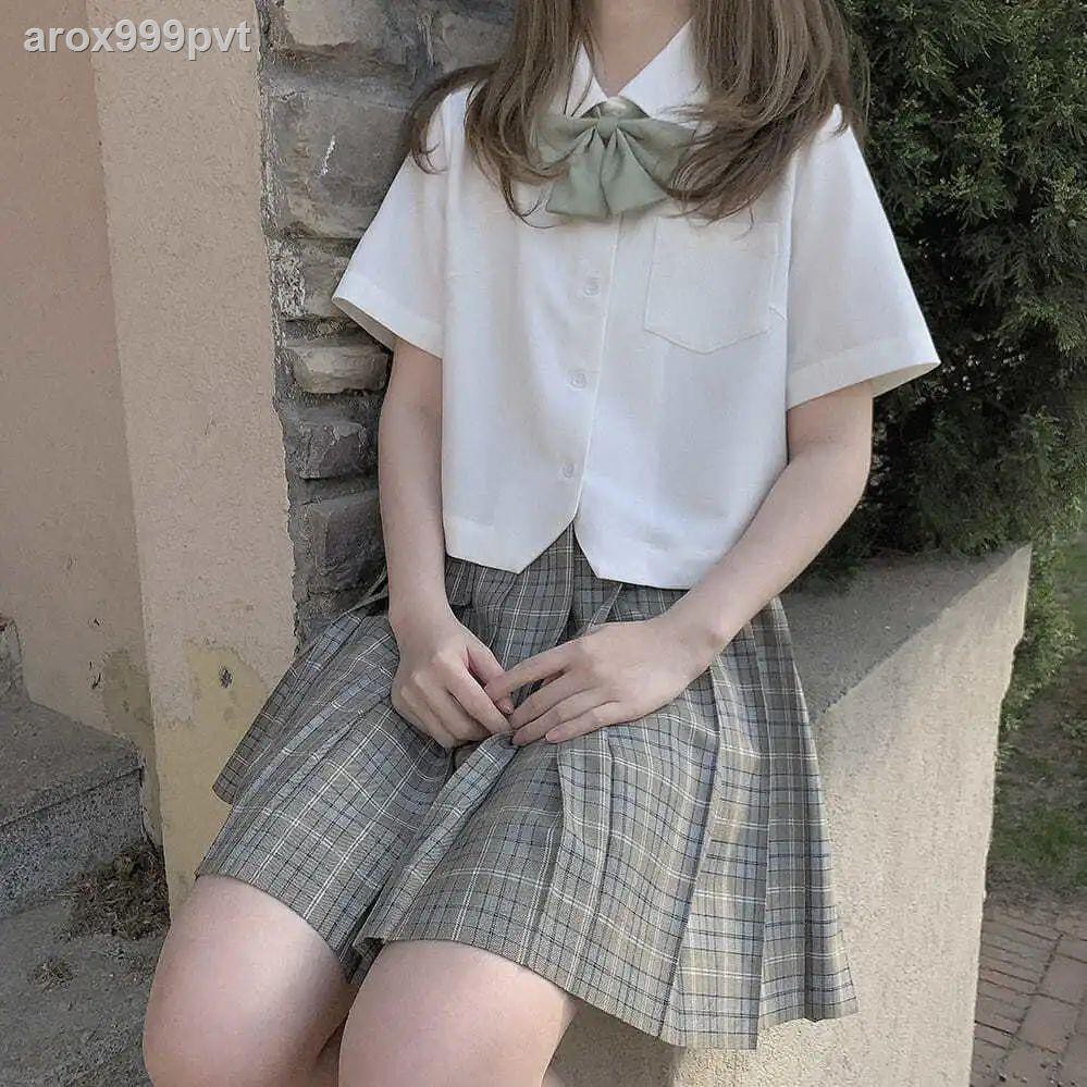 chân váy dàimidi dài❈Nữ sinh phong cách đại học Đồng phục JK nguyên bản cơ màu trắng sữa áo cổ nhọn rời ngắn tay