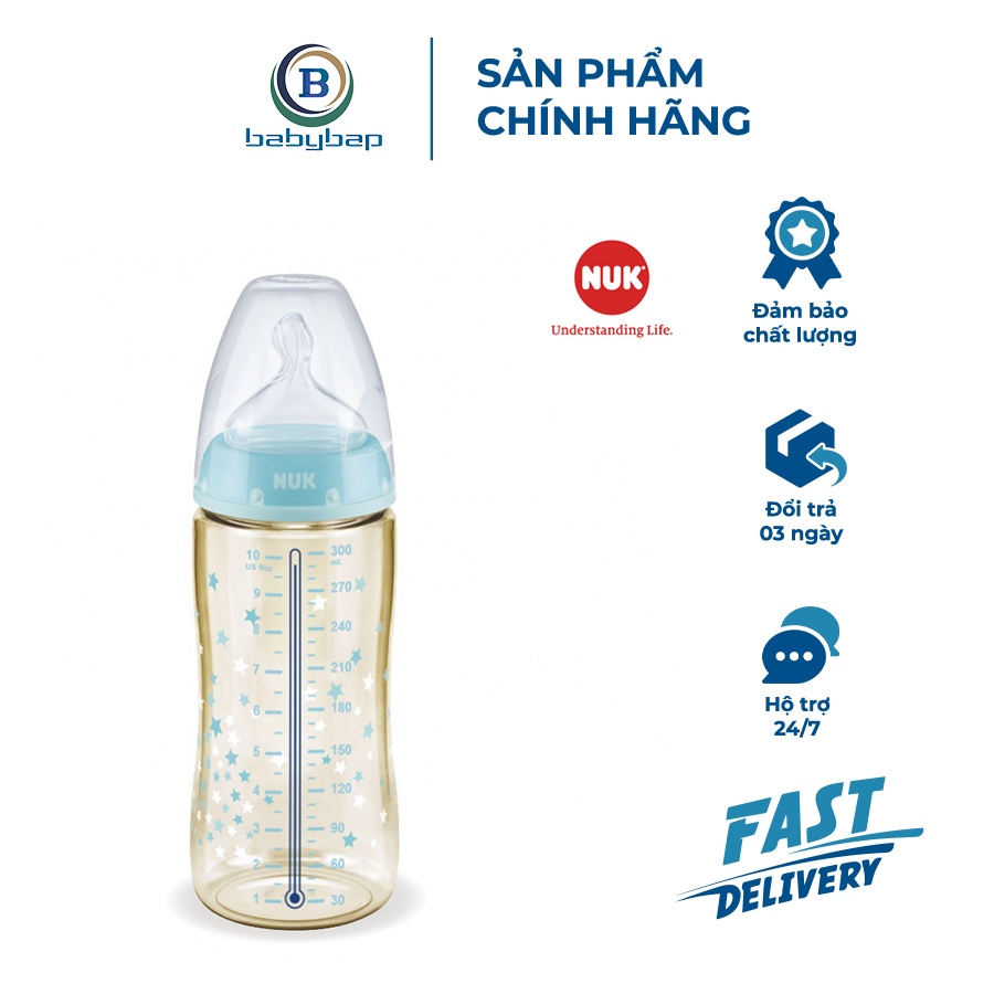 Bình Sữa Cảm Biến Nhiệt NUK PPSU 150ml/300ml Núm Ti Dẹt Chỉnh Nha Độc Quyền Của NUK