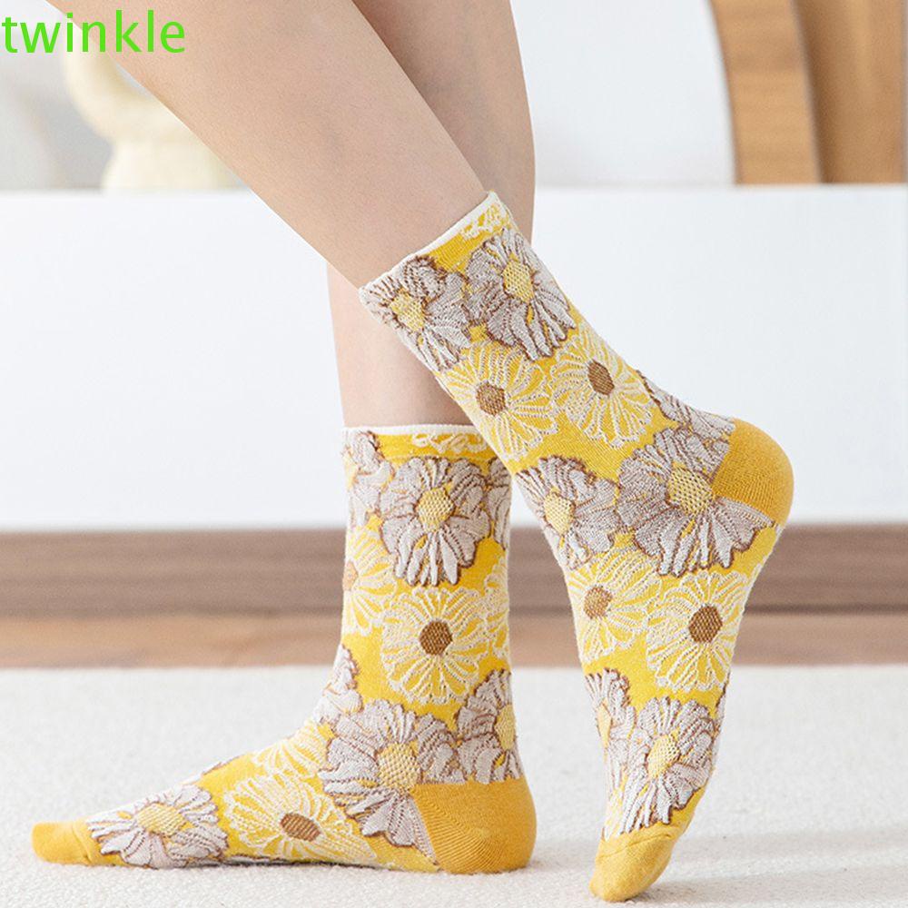 Vớ cotton cổ trung ba chiều màu trơn hình hoa hướng dương thời trang Hàn Quốc cổ điển cho nữ