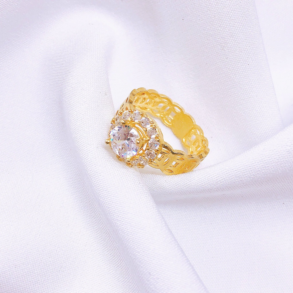Nhẫn đá tròn to thân kim tiền LINH MIU SILVER