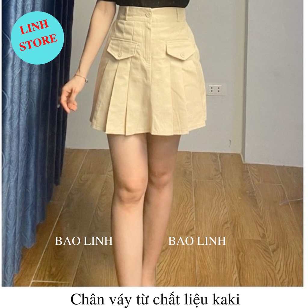 Chân Váy Kaki Linh Store Dáng Chữ A Xòe Xếp Ly Khóa Thật Cạp Chun Có Lót Trong Chống Lộ Mặc Đi Làm Đi Chơi, Chân Váy Kak