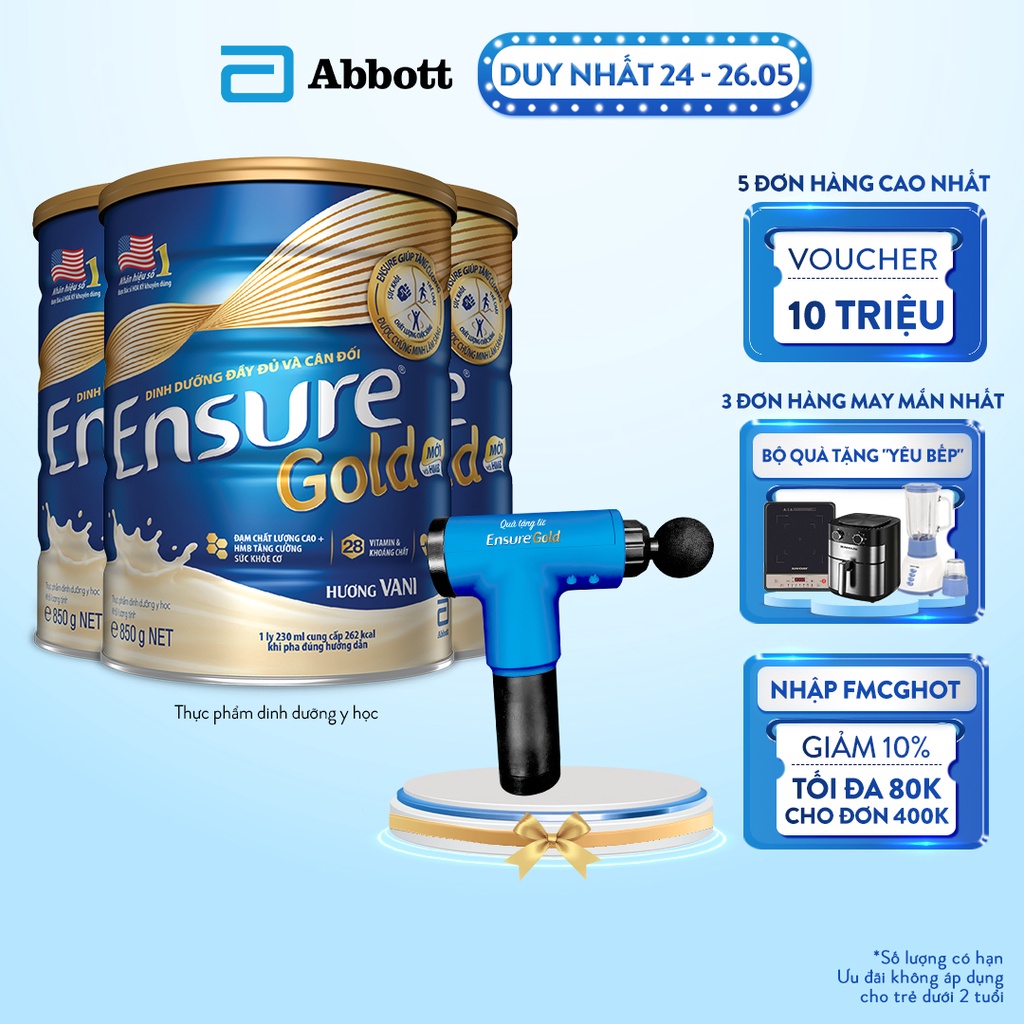 Bộ 03 lon Ensure Gold Vani (HMB) 850g/lon