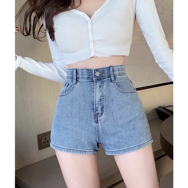 Quần short jean nữ BigSize lưng cao trên rốn, co dãn mạnh, lai cuốn, màu xanh nhạt trơn kiểu dành cho người mập 4239