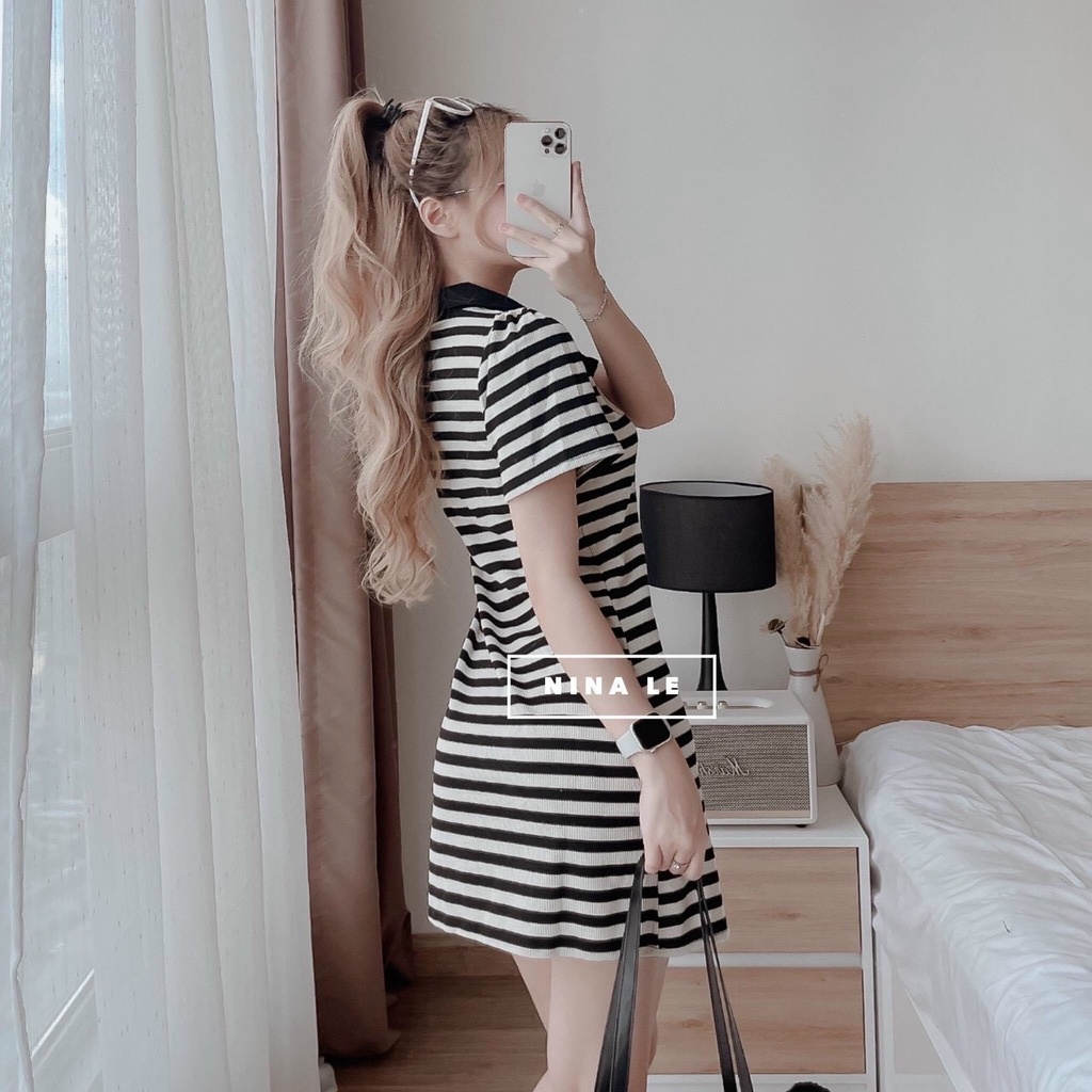 đầm gân sọc thêu gấu cổ trụ ngắn tay