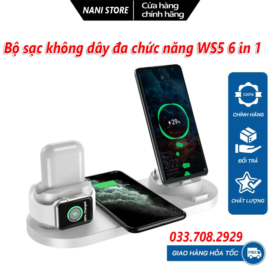 Bộ Sạc Không Dây Đa Chức Năng WS5 6 IN 1 - Sạc Nhanh, Đa Cổng, Tiện Lợi Khi Di Chuyển, An Toàn, Bảo Hành Uy Tín