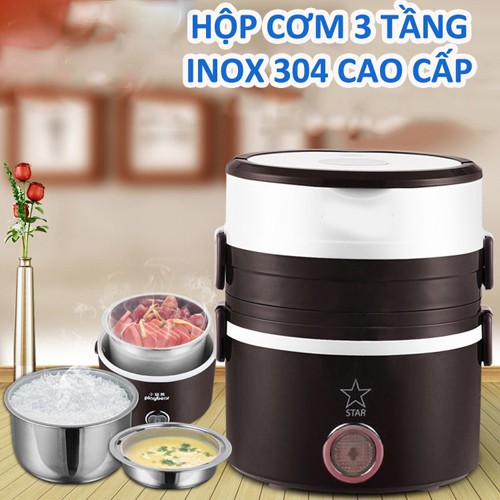 Hộp Cơm  Hộp Cắm Điện Ruột Inox 304 3 Tầng, Hộp cơm Văn phòng cắm điện inox 3 tầng,Hâm nóng,Cà mèn đựng cơm..