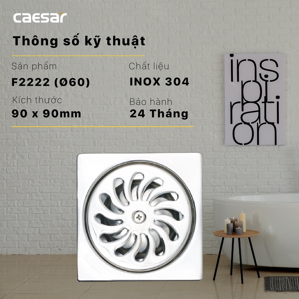 Thoát sàn F2222 chất liệu inox 304 chống rỉ sét, kích thước 90x90 mm, ống thoát phi 60