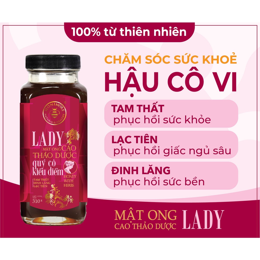 Mật Ong Cao thảo Dược Honimore Lady chai 310g - Bổ Máu, Ngủ Ngon