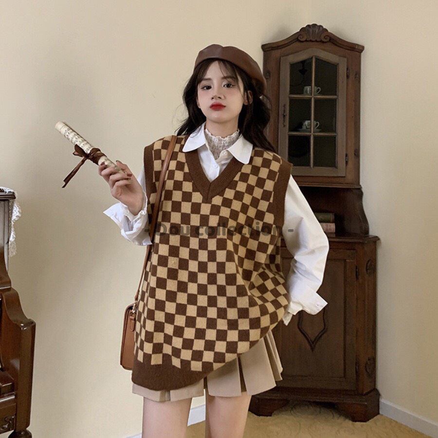 Áo gile nữ bàn cờ kẻ caro, Áo gile nữ phong cách hàn quốc siêu xinh - Miss girl