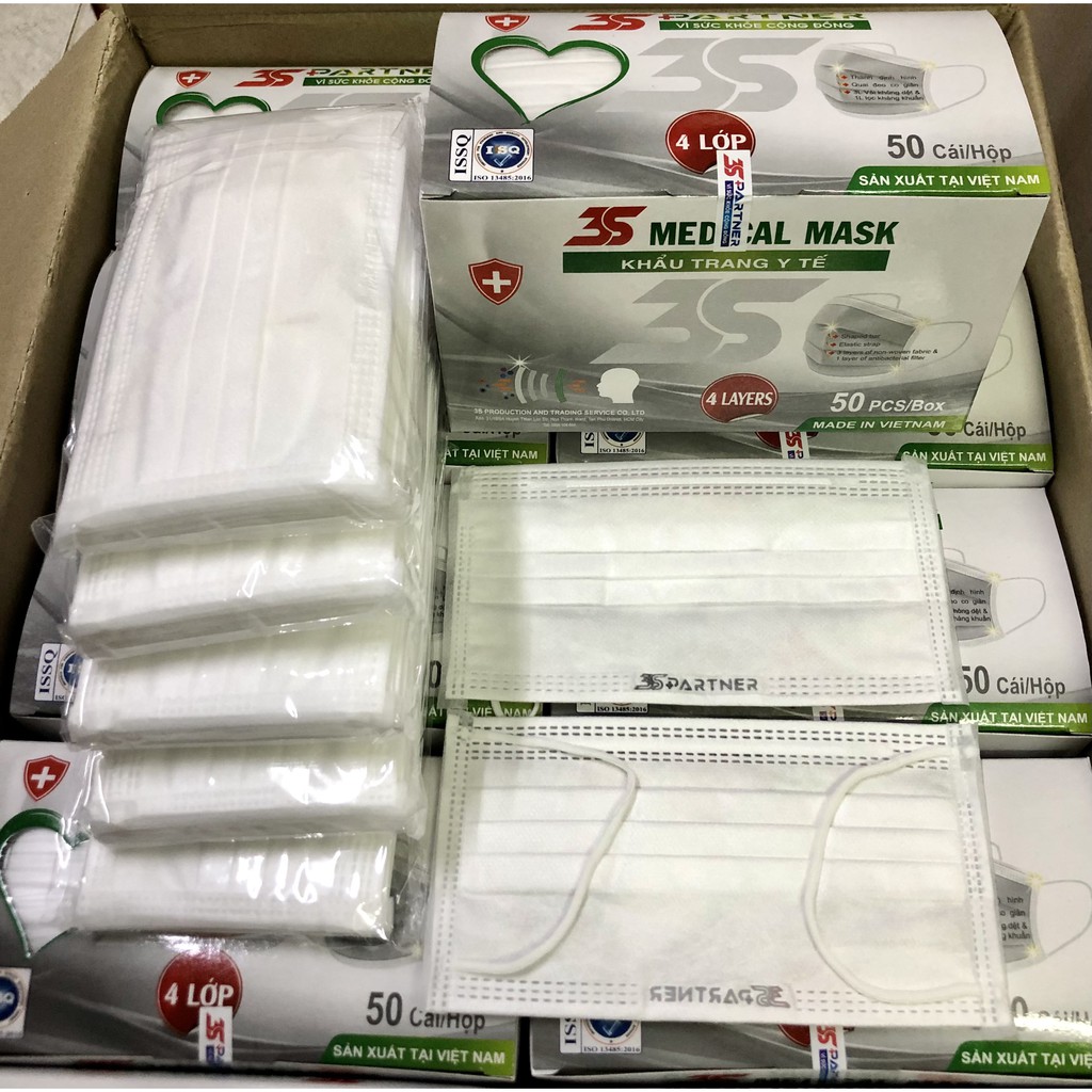 Khẩu trang y tế 4 lớp kháng khuẩn 3S Partner màu Trắng hộp 50 cái/ hộp - Khẩu trang màu Trắng 4 lớp chuẩn kháng khuẩn