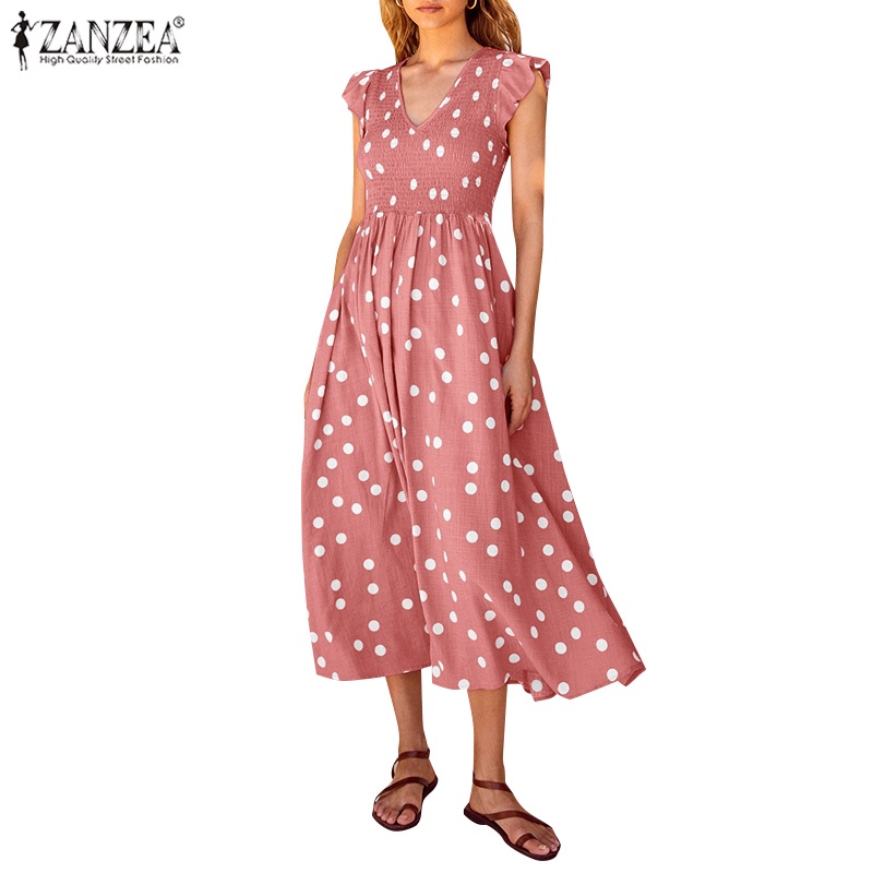 Zanzea Đầm Nữ Cổ Chữ V Tay Xếp Nếp Họa Tiết Chấm Bi Phong Cách Châu Âu