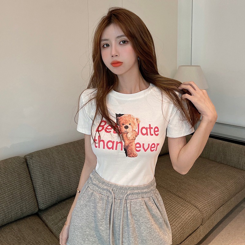 Áo thun nữ ZHELIHANGFEI tay ngắn in hình gấu đáng yêu thời trang