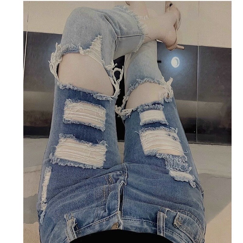 Quần jean 9 TẤC BIGSIZE Lưng cao Lai Tua, Rách Loang Bụi cực ngầu, co dãn mạnh dành cho người béo Hottrend Moliruan