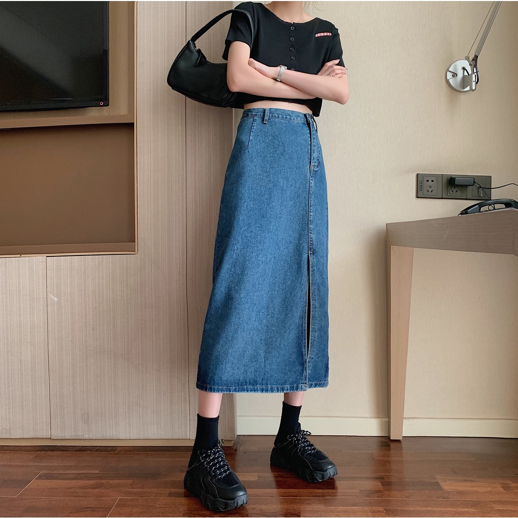 IELGY Chân váy jean dáng chữ A lưng cao thời trang retro cho nữ
