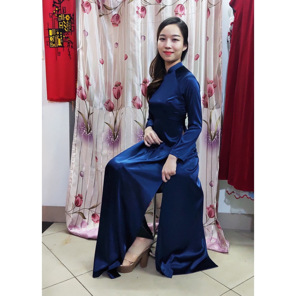 ÁO DÀI TRUYỀN THỐNG PHI BÓNG PHƯỚC THỊNH MÀU XANH THAN, ÁO DÀI TRƠN CỔ TRỤ ADT2TPB-XanhThan