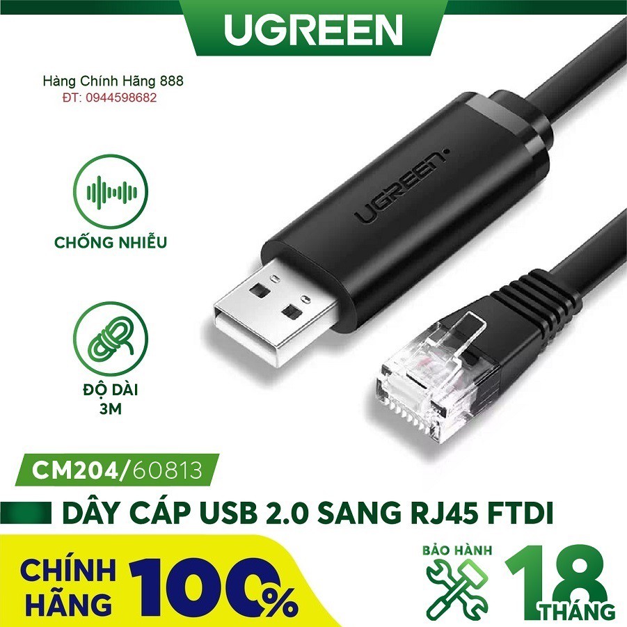 Cáp lập trình Console USB sang RJ45 FTDI dài 3M cho server, switch, hub Cisco Ugreen 60813 cao cấp