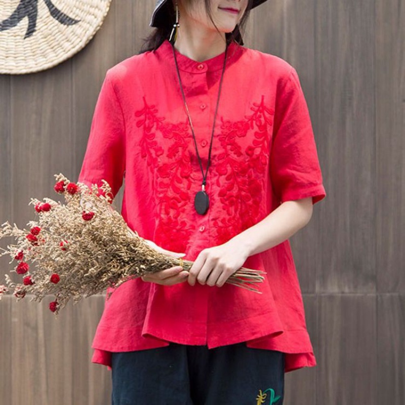 Áo Sơ Mi Cotton Cổ Đứng Tay Ngắn Dáng Rộng Thêu Họa Tiết Xinh Xắn Thời Trang Cho Nữ
