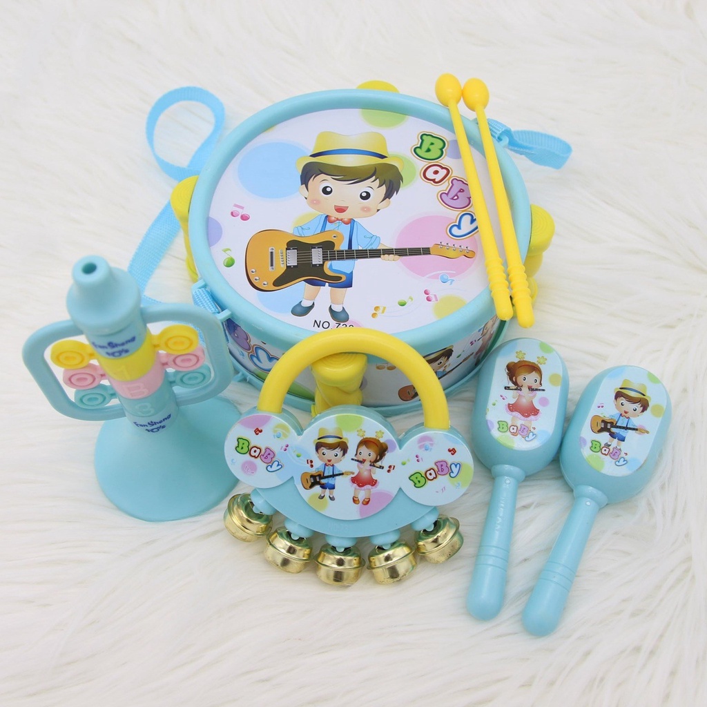 Set đồ chơi Xúc xắc, lục lạc, kèn, trống Toyshouse dành cho bé từ sơ sinh TH1220-733A giúp bé phát triển thính giác