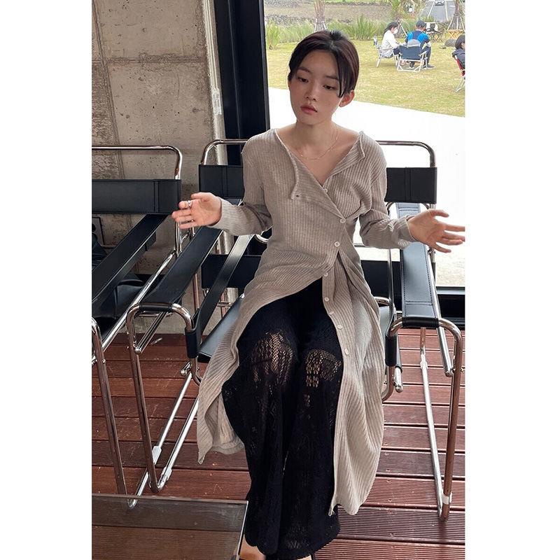 ☊Đầm dệt kim dài tay cài nút bên hông thiết kế mới thời trang xuân thu phong cách Hàn Quốc
