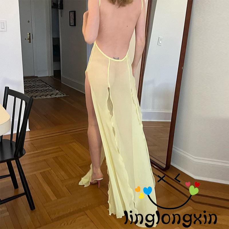 Linglongxi2-đầm Dài Cổ Chữ V Hở Lưng Màu Trơn Nhìn Xuyên Thấu Không Tay Xẻ Tà Bên Hông Cho Nữ
