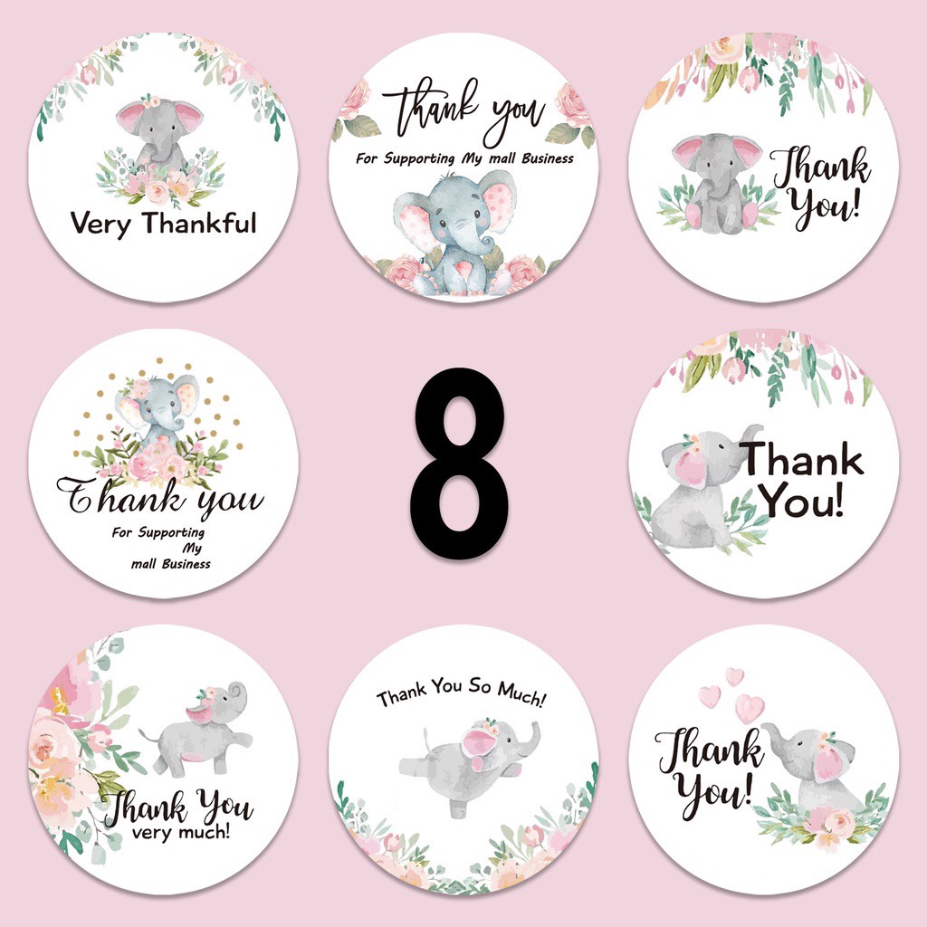 Cuộn 500 miếng dán chữ THANK YOU có 8 mẫu HÌNH CHÚ VOI CON gói hàng, gói quà, gói bánh, trang trí tiện dụng