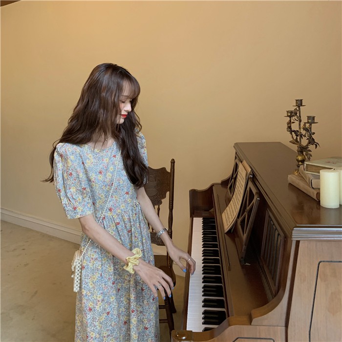 Đầm babydoll hoa nhí có dây buộc eo tay phồng ulzzang  - V14FG