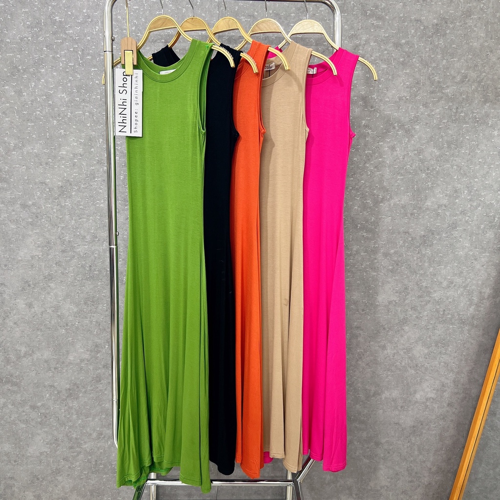 Váy maxi thun xòe sát nách, Đầm dáng dài cổ tròn co giãn VS1821 - NhiNhi Shop
