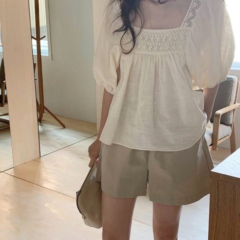 Áo Kiểu Vải Lanh Cotton Cổ Vuông Tay Ngắn Phồng Hở Lưng Thời Trang