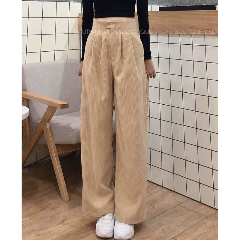 Quần nhung tăm nữ ống suông rộng lưng cao big size 1 khuy khóa trước LAVILO QT02