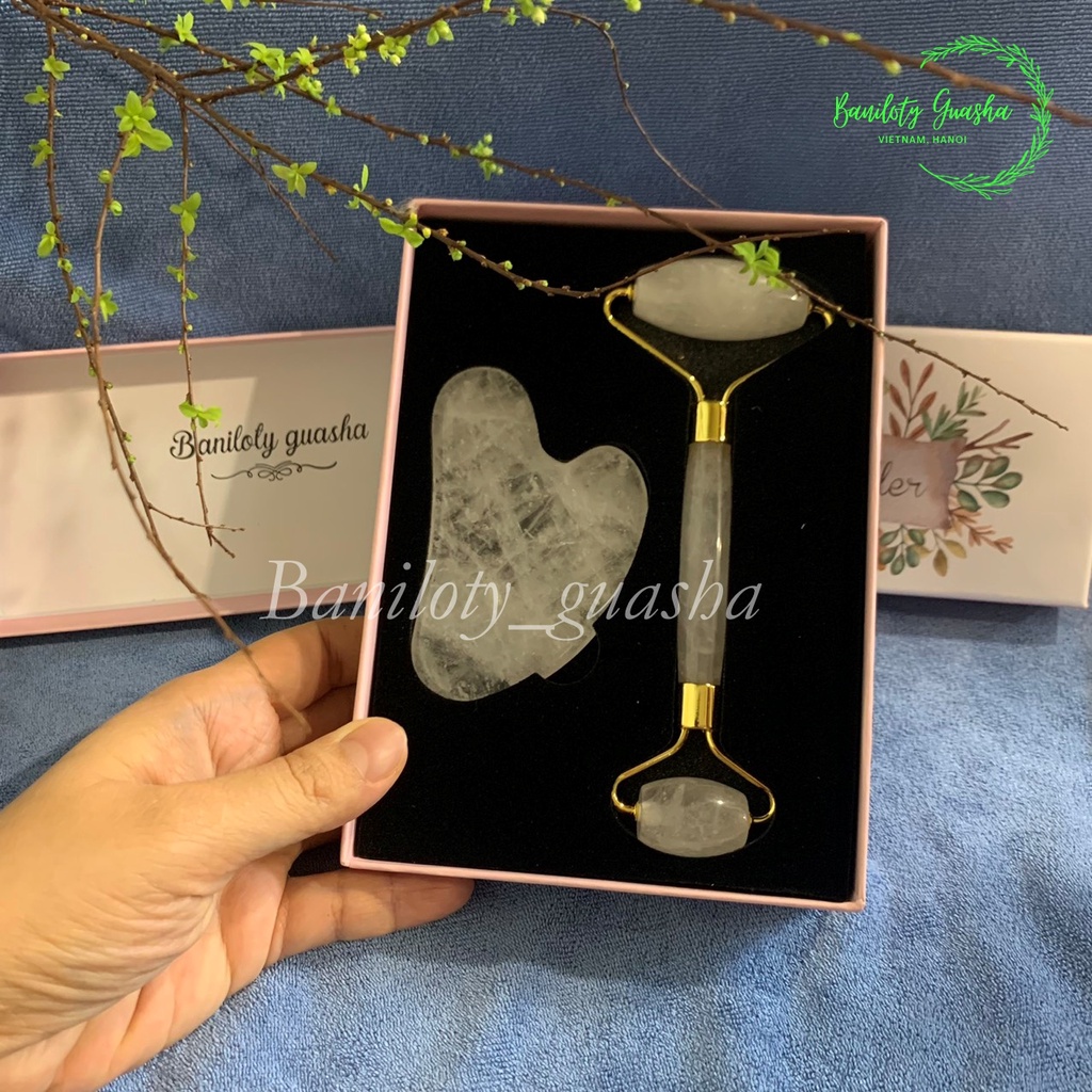 (Bản limited Baniloty) Bộ thanh lăn và miếng đá trái tim-đá tự nhiên màu trắng trong, massage mặt nâng cơ hiệu quả