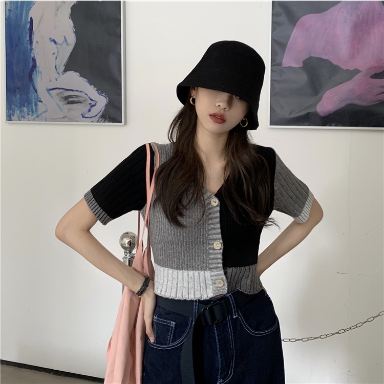 Áo croptop XIAOZHAINV tay ngắn cổ chữ V phong cách cổ điển cho nữ